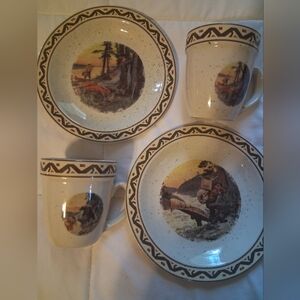 4 Piece Rustic Cream Dinnerware Set with Scenic Outdoor Design.